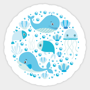 Blue Cartoon Whale Art Print Sticker